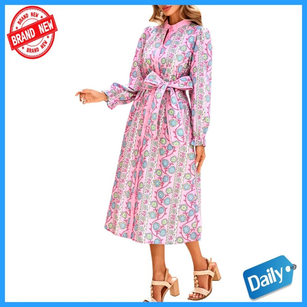 Floral Midi Dress Long Sleeve Button Down Shirt Dress with Belt Elegant Chic